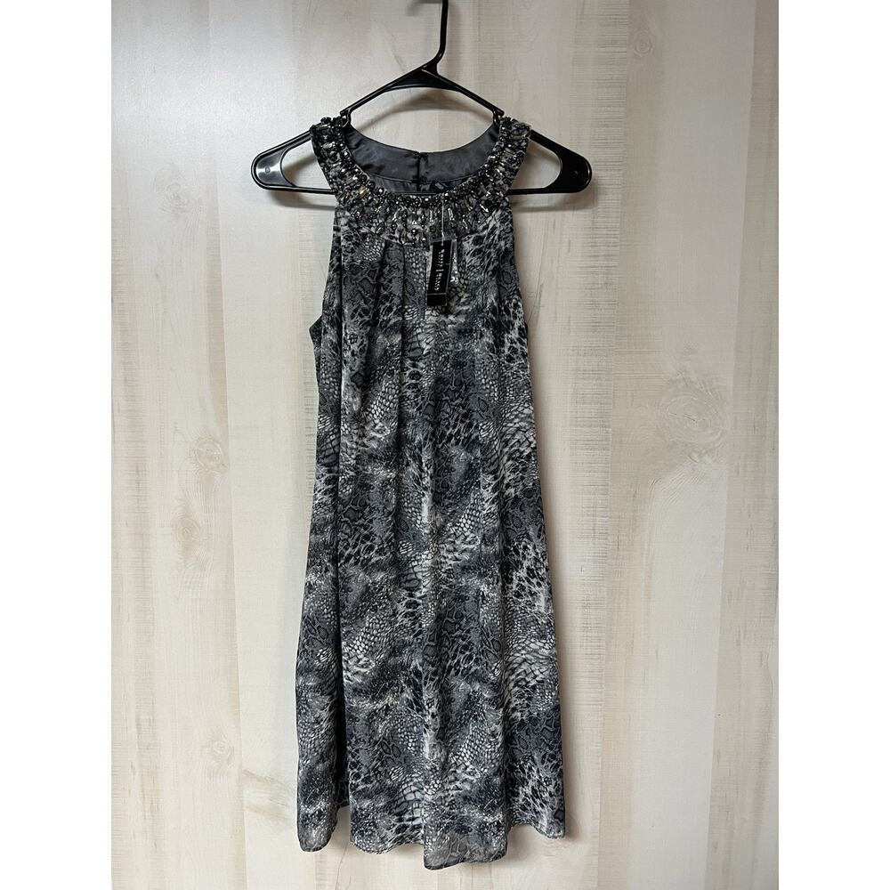 White House Black Market Grey Print Jeweled Neck Halter Dress - NWT